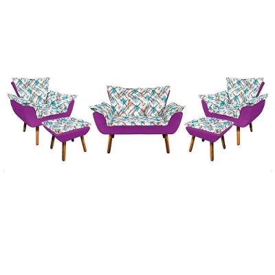 Kit 01 Namoradeira Com 02 Poltronas E 02 Puffs Opala Composê Suede Com Estampado Traçado Azul D33 Pés Palito Castanho Roxo