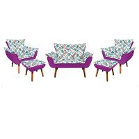 Kit 01 Namoradeira Com 02 Poltronas E 02 Puffs Opala Composê Suede Com Estampado Traçado Azul D33 Pés Palito Castanho Roxo - 1