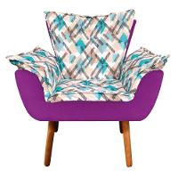 Kit 01 Namoradeira Com 02 Poltronas E 02 Puffs Opala Composê Suede Com Estampado Traçado Azul D33 Pés Palito Castanho Roxo - 5