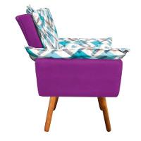Kit 01 Namoradeira Com 02 Poltronas E 02 Puffs Opala Composê Suede Com Estampado Traçado Azul D33 Pés Palito Castanho Roxo - 6
