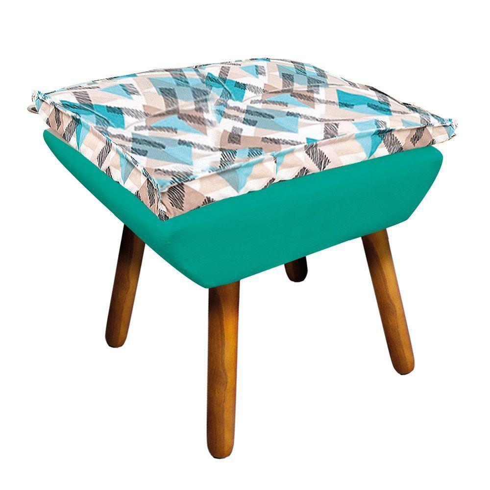 Kit 01 Namoradeira Com 02 Poltronas E 02 Puffs Opala Composê Suede Com Estampado Traçado Azul  Pés Palito Castanho Verde Turquesa - 5