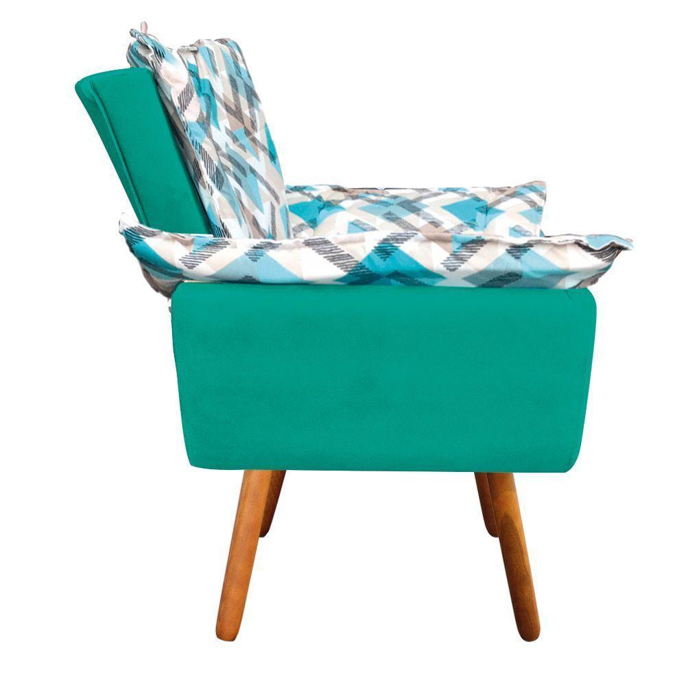 Kit 01 Namoradeira Com 02 Poltronas E 02 Puffs Opala Composê Suede Com Estampado Traçado Azul  Pés Palito Castanho Verde Turquesa - 10
