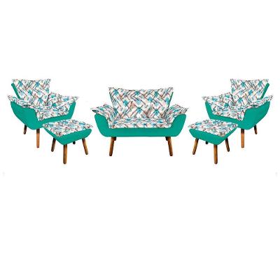 Kit 01 Namoradeira Com 02 Poltronas E 02 Puffs Opala Composê Suede Com Estampado Traçado Azul D33 Pés Palito Castanho Verde Turquesa