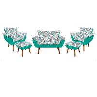 Kit 01 Namoradeira Com 02 Poltronas E 02 Puffs Opala Composê Suede Com Estampado Traçado Azul  Pés Palito Castanho Verde Turquesa - 1