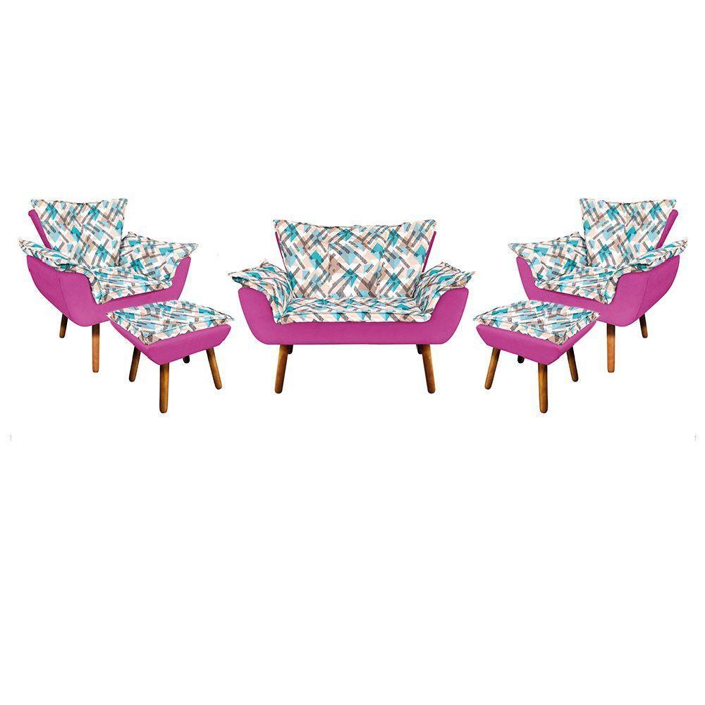 Kit 01 Namoradeira Com 02 Poltronas E 02 Puffs Opala Composê Suede Com Estampado Traçado Azul D33 Pés Palito Castanho Pink - 1