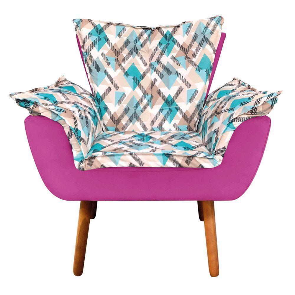 Kit 01 Namoradeira Com 02 Poltronas E 02 Puffs Opala Composê Suede Com Estampado Traçado Azul D33 Pés Palito Castanho Pink - 3