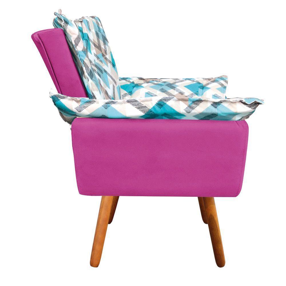 Kit 01 Namoradeira Com 02 Poltronas E 02 Puffs Opala Composê Suede Com Estampado Traçado Azul D33 Pés Palito Castanho Pink - 4