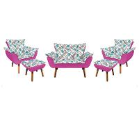 Kit 01 Namoradeira Com 02 Poltronas E 02 Puffs Opala Composê Suede Com Estampado Traçado Azul D33 Pés Palito Castanho Pink - 1