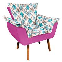 Kit 01 Namoradeira Com 02 Poltronas E 02 Puffs Opala Composê Suede Com Estampado Traçado Azul D33 Pés Palito Castanho Pink - 2