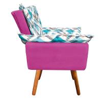 Kit 01 Namoradeira Com 02 Poltronas E 02 Puffs Opala Composê Suede Com Estampado Traçado Azul D33 Pés Palito Castanho Pink