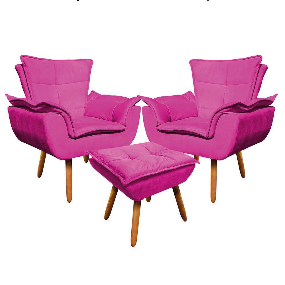 Kit 02 Poltronas Opala Com 01 Puff Opala Suede Pés Palito Castanho DRossi Pink - 1