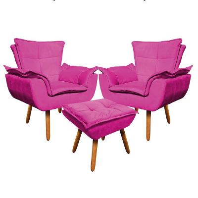 Kit 02 Poltronas Opala Com 01 Puff Opala Suede Pés Palito Castanho DRossi Pink