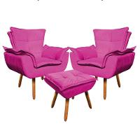 Kit 02 Poltronas Opala Com 01 Puff Opala Suede Pés Palito Castanho DRossi Pink - 1