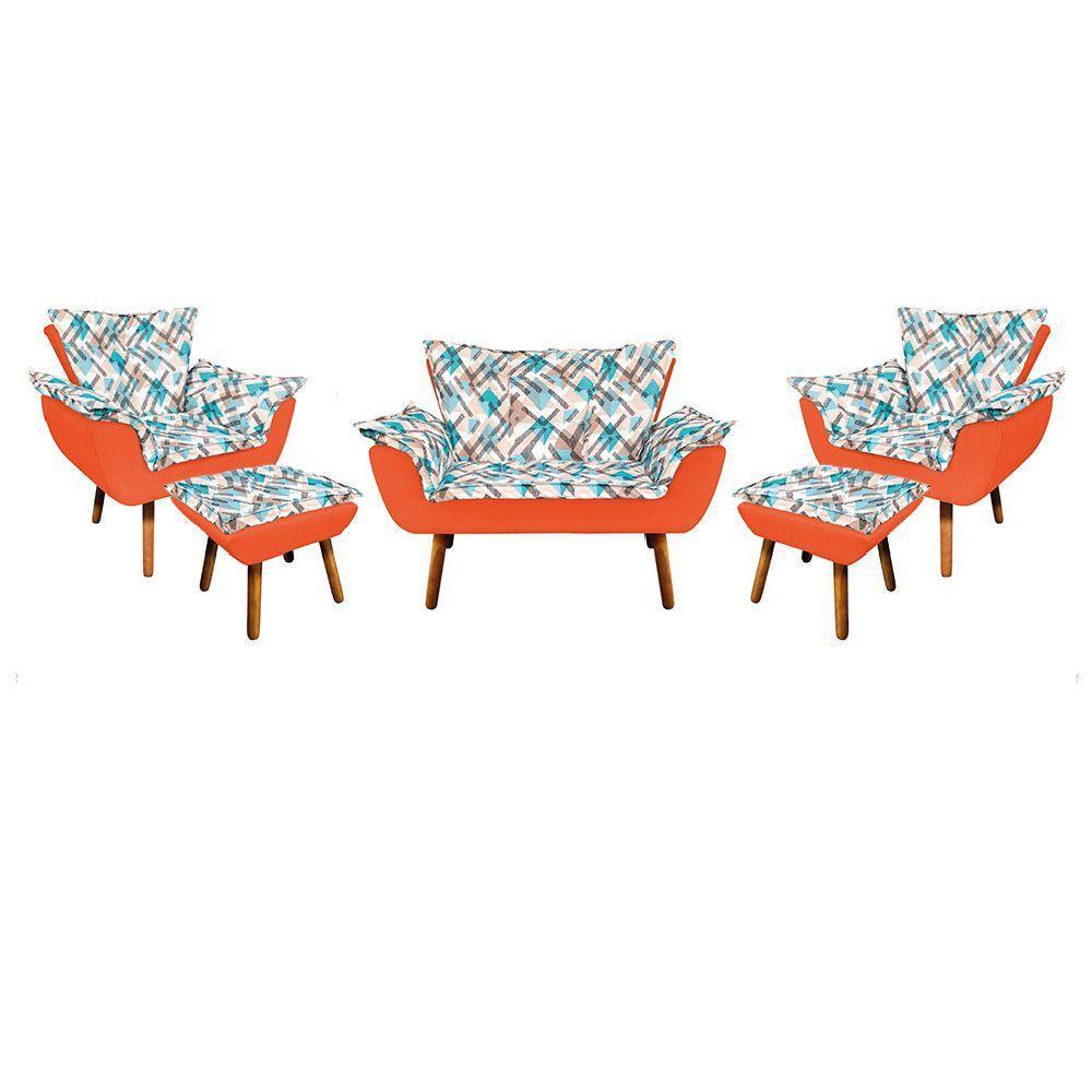 Kit 01 Namoradeira Com 02 Poltronas E 02 Puffs Opala Composê Suede Com Estampado Traçado Azul D33 Pés Palito Castanho Laranja - 1