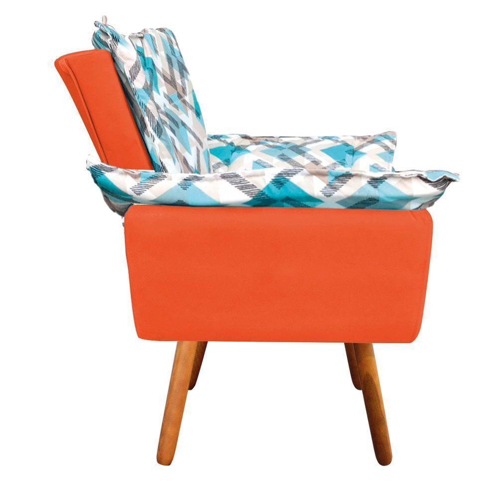 Kit 01 Namoradeira Com 02 Poltronas E 02 Puffs Opala Composê Suede Com Estampado Traçado Azul D33 Pés Palito Castanho Laranja - 8