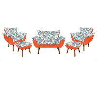 Kit 01 Namoradeira Com 02 Poltronas E 02 Puffs Opala Composê Suede Com Estampado Traçado Azul D33 Pés Palito Castanho Laranja - 1