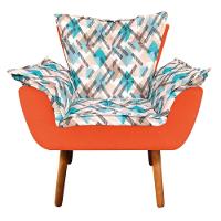 Kit 01 Namoradeira Com 02 Poltronas E 02 Puffs Opala Composê Suede Com Estampado Traçado Azul D33 Pés Palito Castanho Laranja - 3