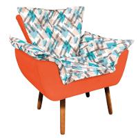 Kit 01 Namoradeira Com 02 Poltronas E 02 Puffs Opala Composê Suede Com Estampado Traçado Azul D33 Pés Palito Castanho Laranja - 10