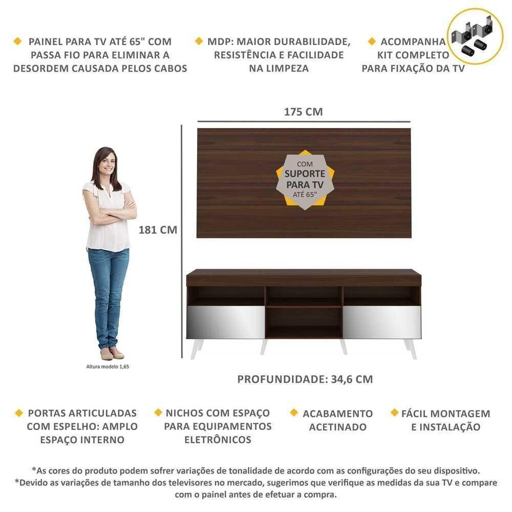 Rack Com Painel E Suporte Tv 65" Retrô Com Espelho Flórida Multimóveis V3142 Duna/Branco Duna/Branco - 6