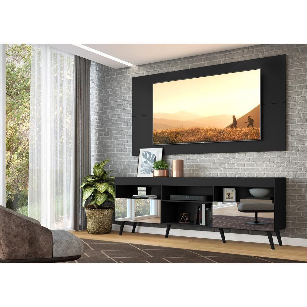 Rack Com Painel E Suporte Tv 65" Retrô Com Espelho Flórida Multimóveis V3142 Preto Preto - 2