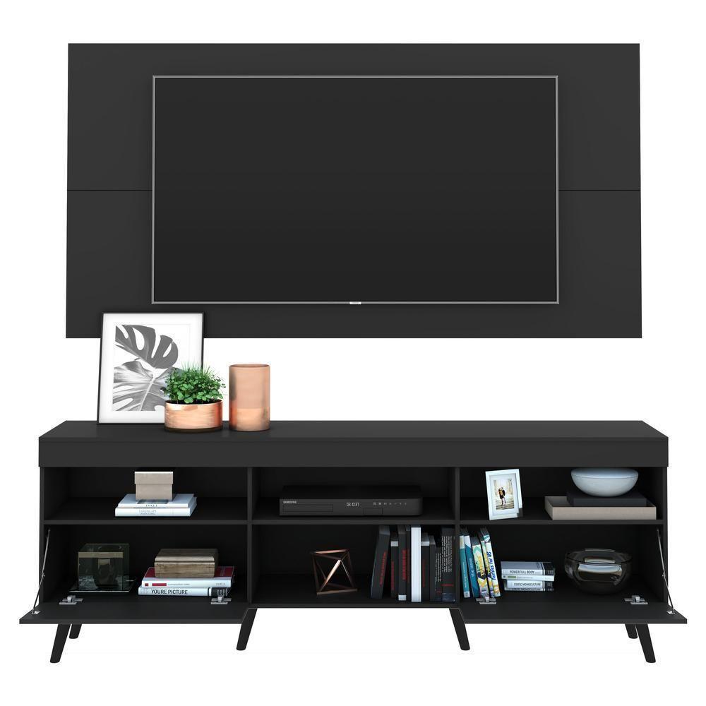 Rack Com Painel E Suporte Tv 65" Retrô Com Espelho Flórida Multimóveis V3142 Preto Preto - 4
