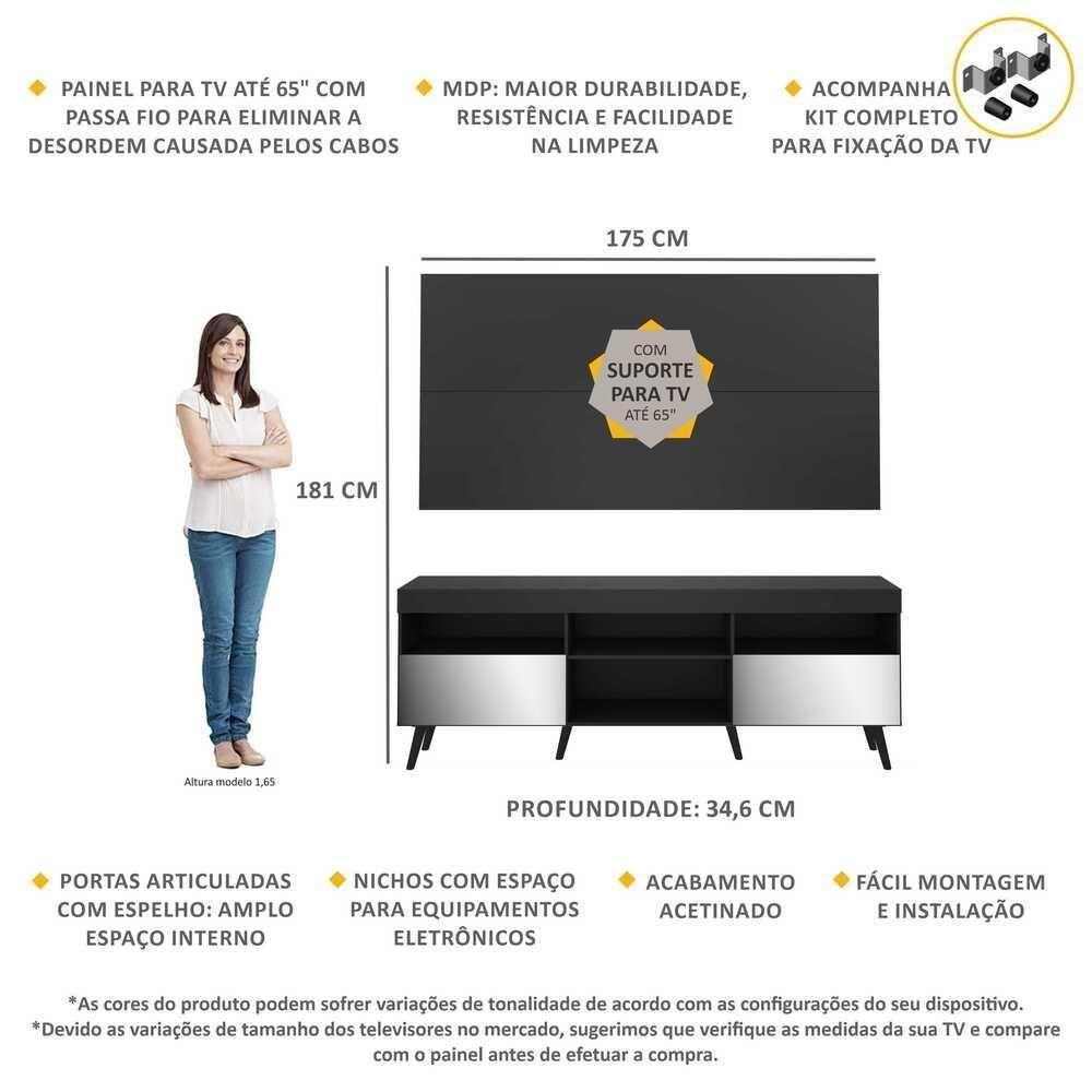 Rack Com Painel E Suporte Tv 65" Retrô Com Espelho Flórida Multimóveis V3142 Preto Preto - 6