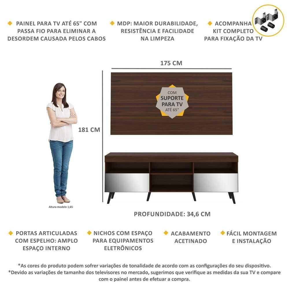 Rack Com Painel E Suporte Tv 65" Retrô Com Espelho Flórida Multimóveis V3142 Duna/Preto Duna/Preto - 6