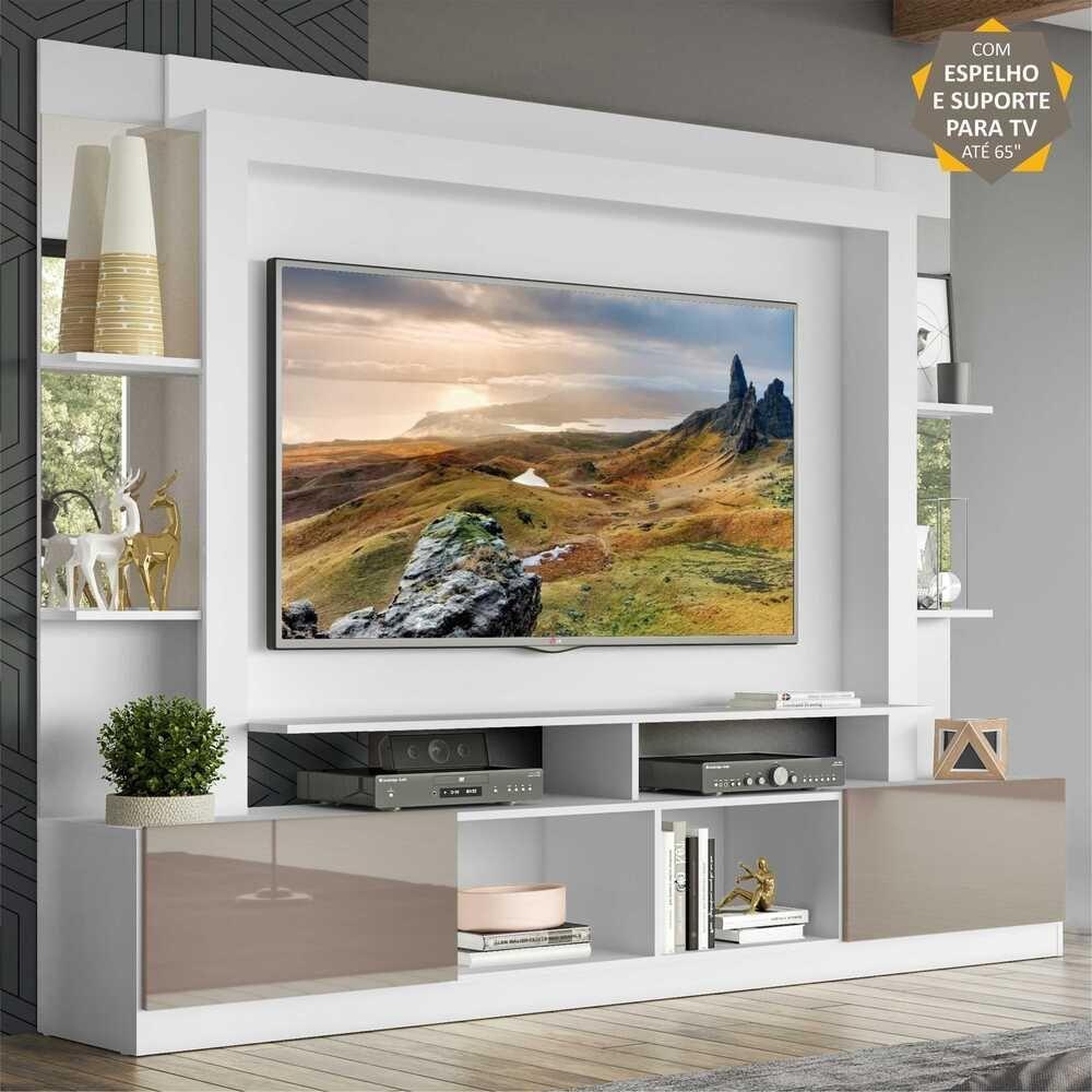 Rack com Painel Suporte Tv 65´´ com Espelho Branco/Laca Fumê - 8