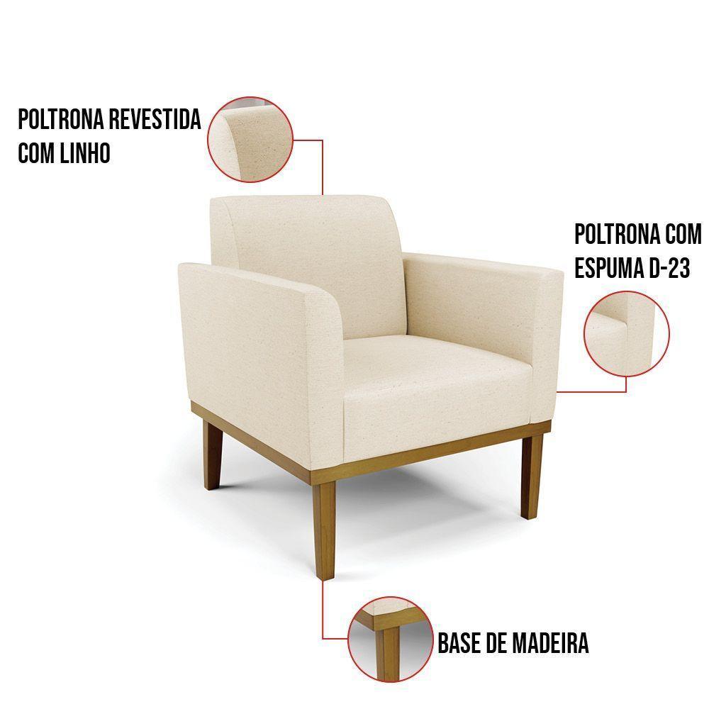 Poltrona Base De Madeira Fixa Castanho Marisa Linho Bege A19 D03 - DRossi - 3