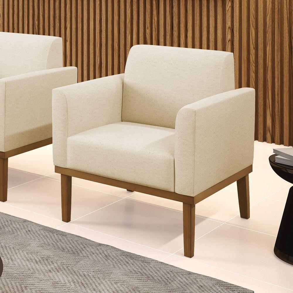 Poltrona Base De Madeira Fixa Castanho Marisa Linho Bege A19 D03 - DRossi - 5