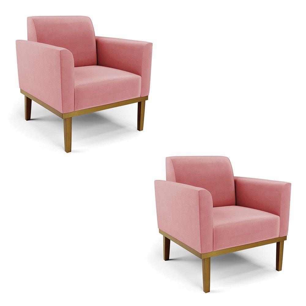 Kit 2 Poltronas Base De Madeira Fixa Castanho Marisa Suede Rosê D03 - DRossi - 1