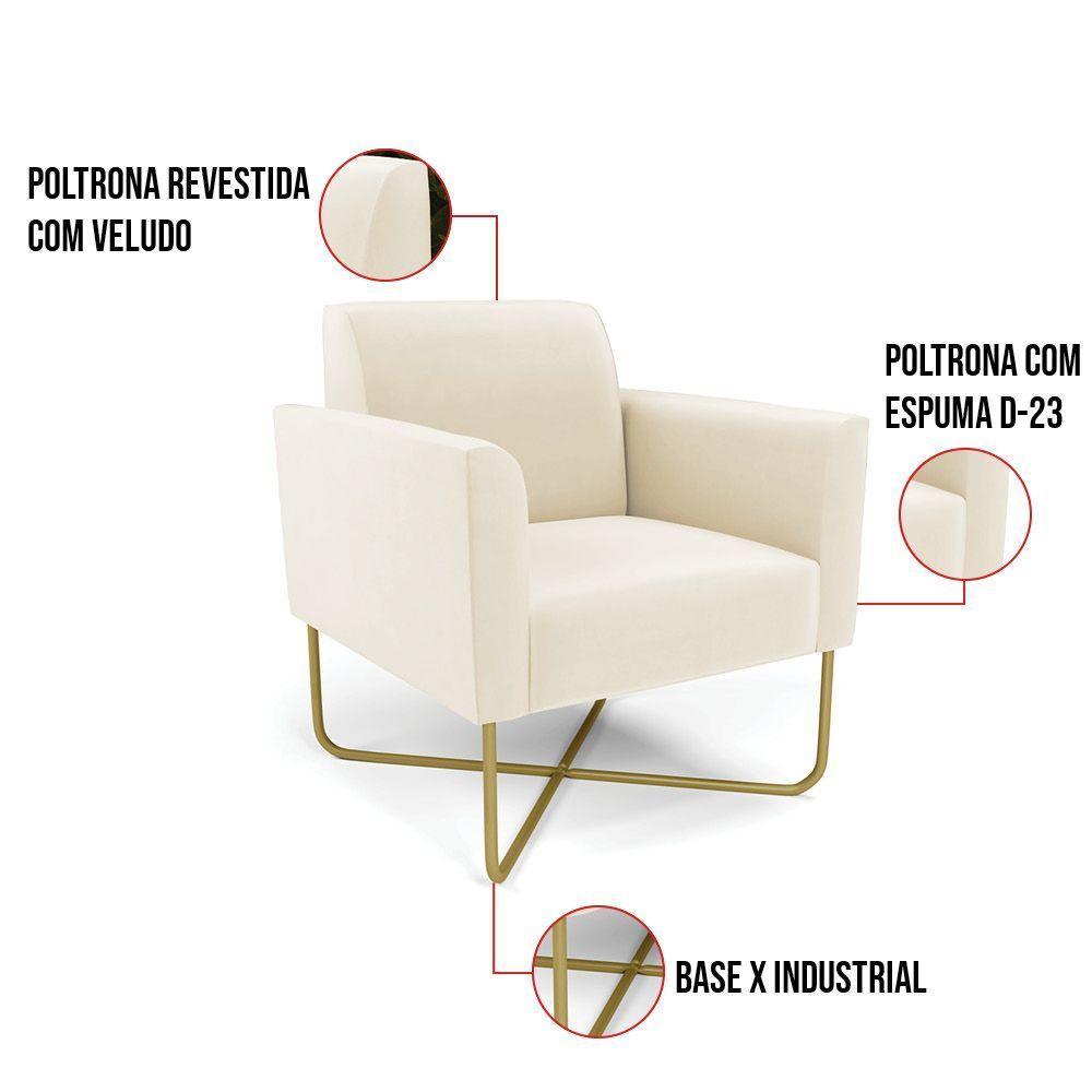 Kit 2 Poltronas Base X Industrial Dourado Marisa Veludo Bege - 2