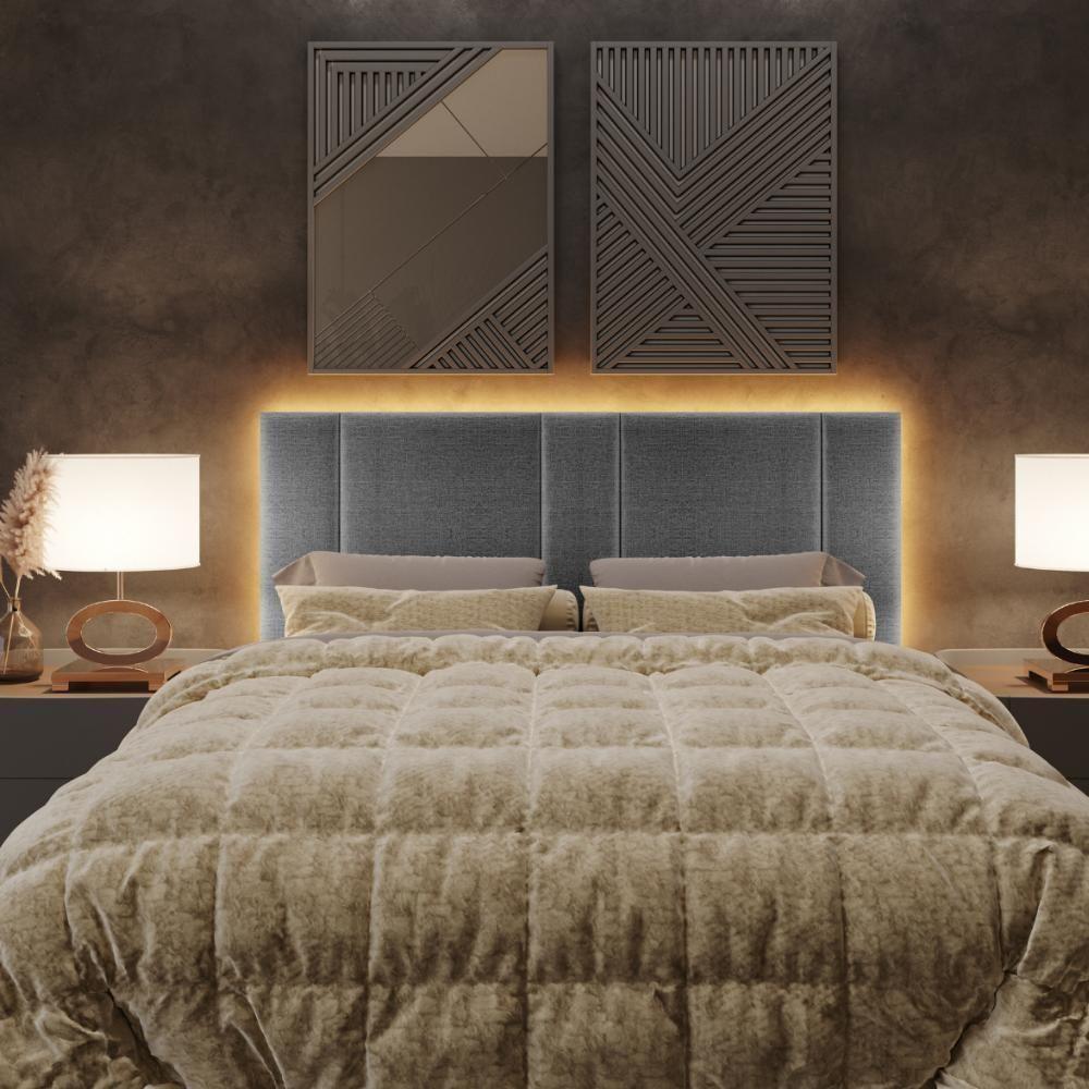 Cabeceira Modulada Casal Queen 160 Cm Com Led Linho Cinza Vconcept - 8