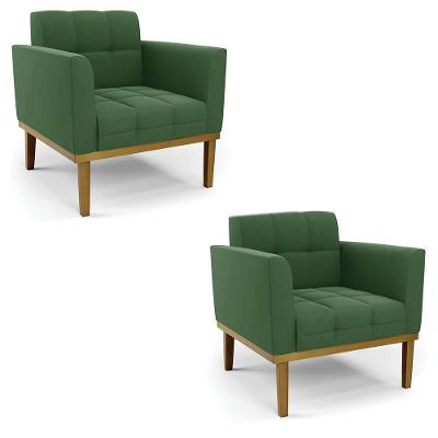 Poltrona Base De Madeira Fixa Castanho Kit 2 Elisa Suede Verde D03 - DRossi