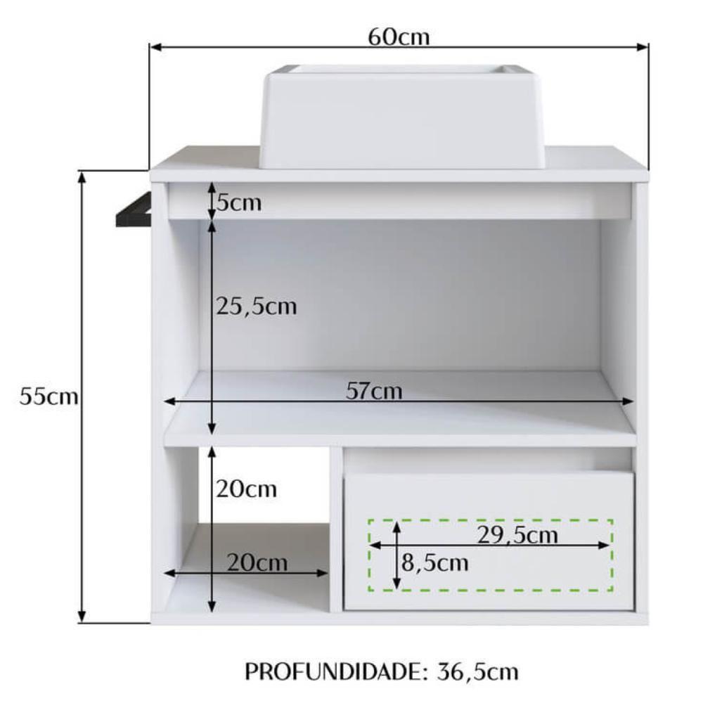 Gabinete De Banheiro Com Cuba 01 Porta 60cm Branco Proddy - 3