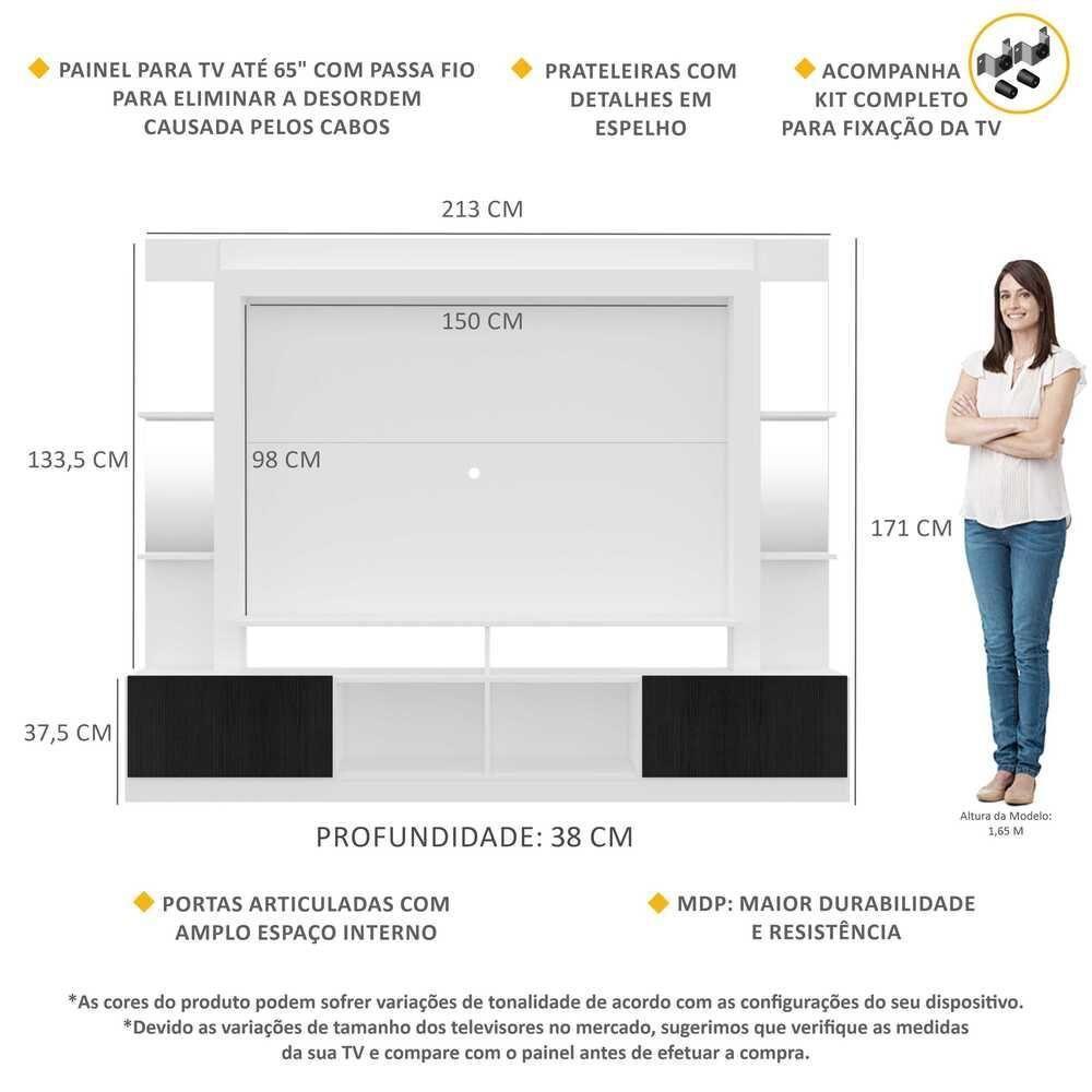 Rack com Painel Suporte Tv 65´´ com Espelho Branco/Preto - 7