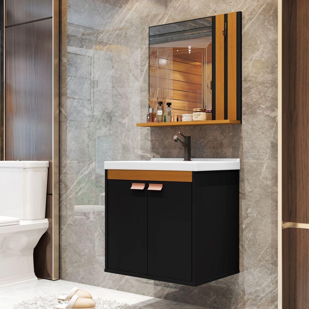 Kit Pia Gabinete Cuba Espelheira Armário Banheiro Lavabo Preto/nature - 3