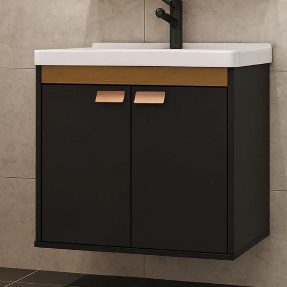 Kit Pia Gabinete Cuba Espelheira Armário Banheiro Lavabo Preto/nature - 5