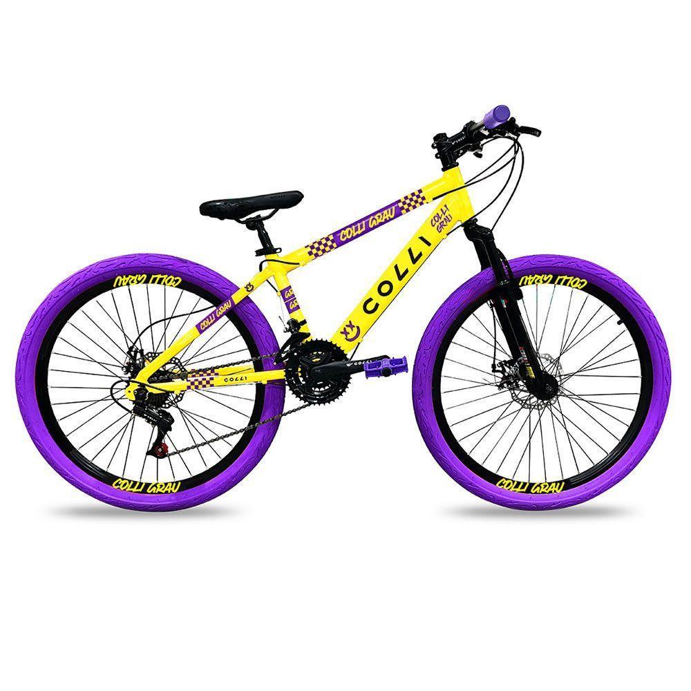 Bicicleta Colli Grau Aro 26 21 Marchas Freios A Disco Amarelo Roxo - 1