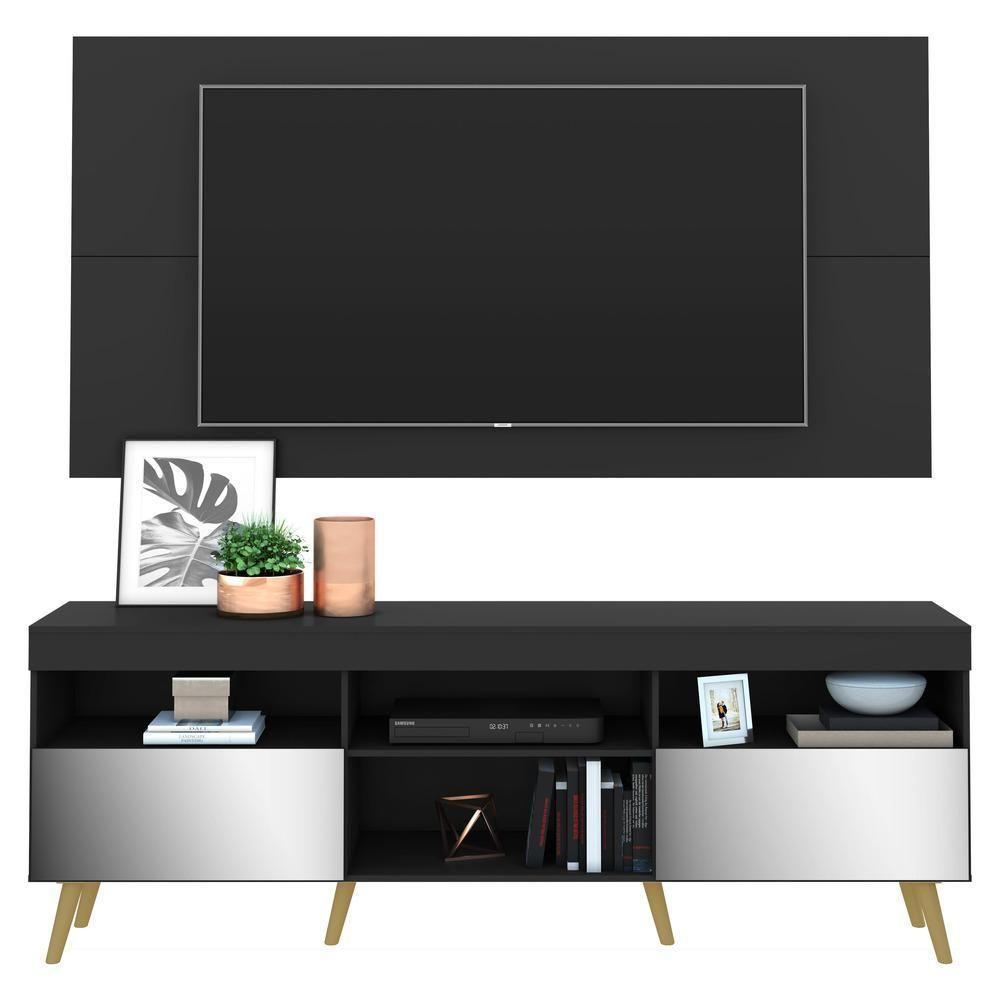 Rack Com Painel E Suporte Tv 65" Retrô Com Espelho Flórida Multimóveis V3142 Preto/Natural - 1