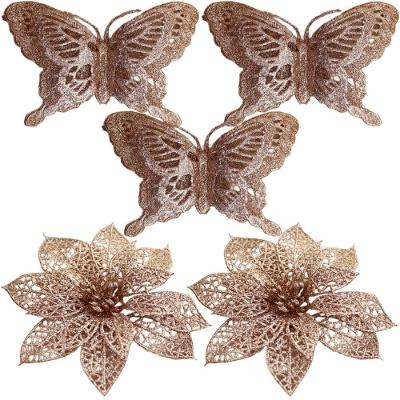Kit 5 Pendente Borboleta Flores Rose Gold Enfeite Natalino