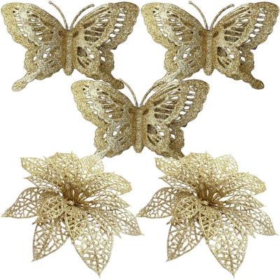 Kit 5 Pendente De Borboletas Flores Dourado Enfeite Natalino