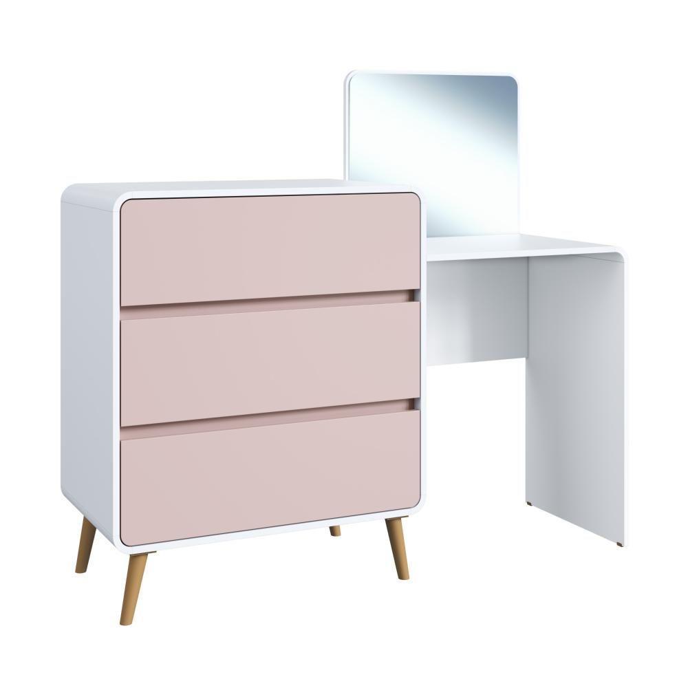 Cômoda Penteadeira Multifuncional Com Espelho E 3 Gavetas Grande Para Quarto Estilo Retrô Branco Com Rosa - 2