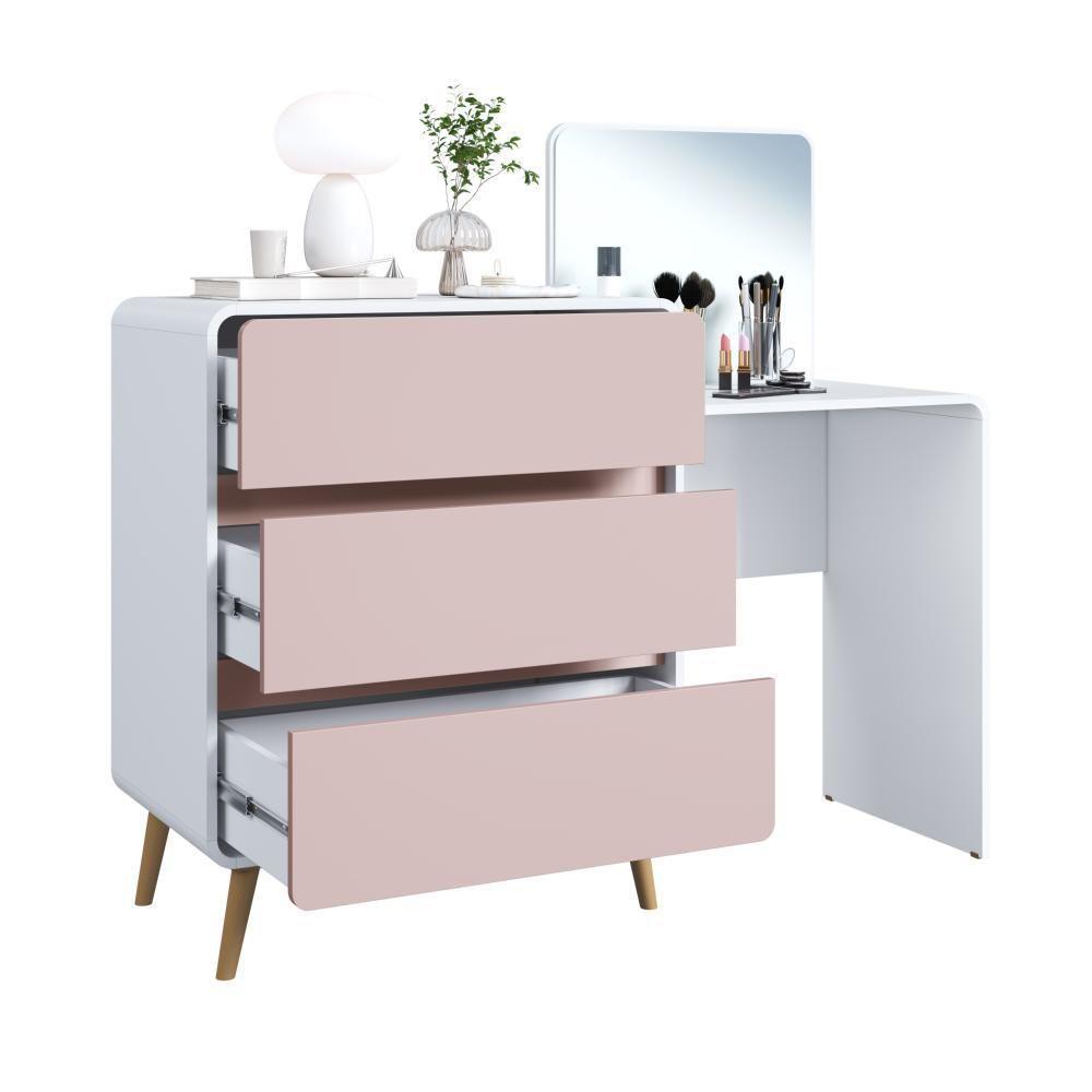 Cômoda Penteadeira Multifuncional Com Espelho E 3 Gavetas Grande Para Quarto Estilo Retrô Branco Com Rosa - 3