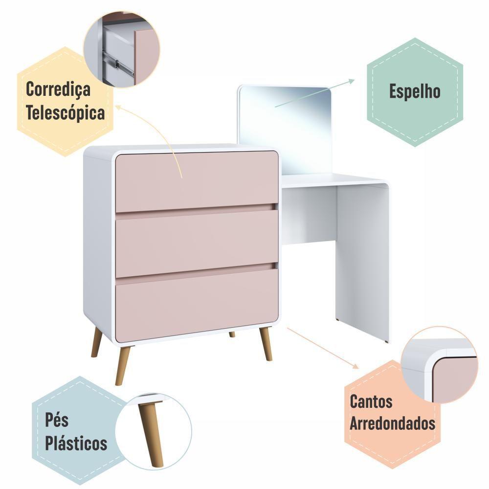 Cômoda Penteadeira Multifuncional Com Espelho E 3 Gavetas Grande Para Quarto Estilo Retrô Branco Com Rosa - 5