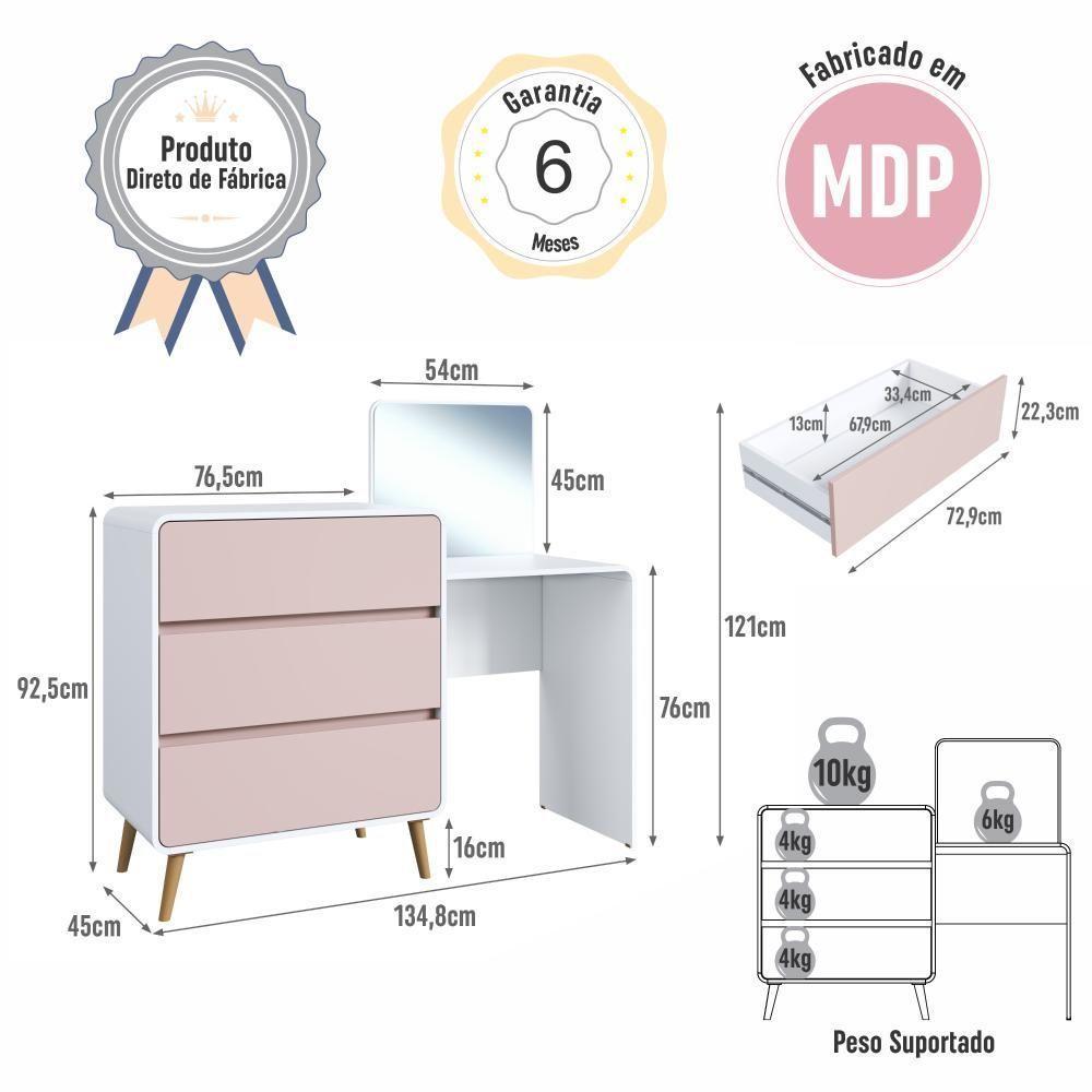 Cômoda Penteadeira Multifuncional Com Espelho E 3 Gavetas Grande Para Quarto Estilo Retrô Branco Com Rosa - 6