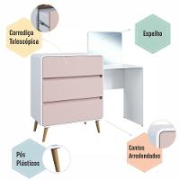 Cômoda Penteadeira Multifuncional Com Espelho E 3 Gavetas Grande Para Quarto Estilo Retrô Branco Com Rosa - 5