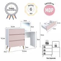 Cômoda Penteadeira Multifuncional Com Espelho E 3 Gavetas Grande Para Quarto Estilo Retrô Branco Com Rosa - 6