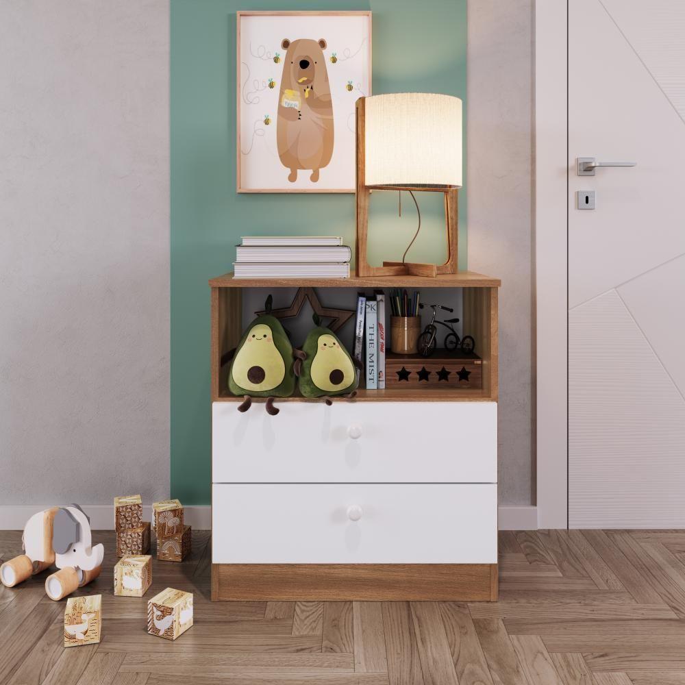Cômoda Infantil Organizadora 2 Gavetas Com Nicho 60,8cm Para Quarto De Bebê Nogal Com Branco - 1