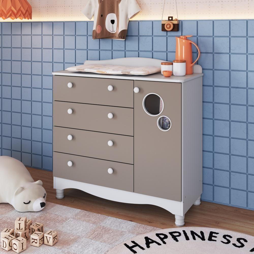 Cômoda Infantil Organizadora 4 Gavetas Grande 1 Porta Com Prateleira E Trocador Para Quarto De Bebê Branco Com Cinnamon - 1